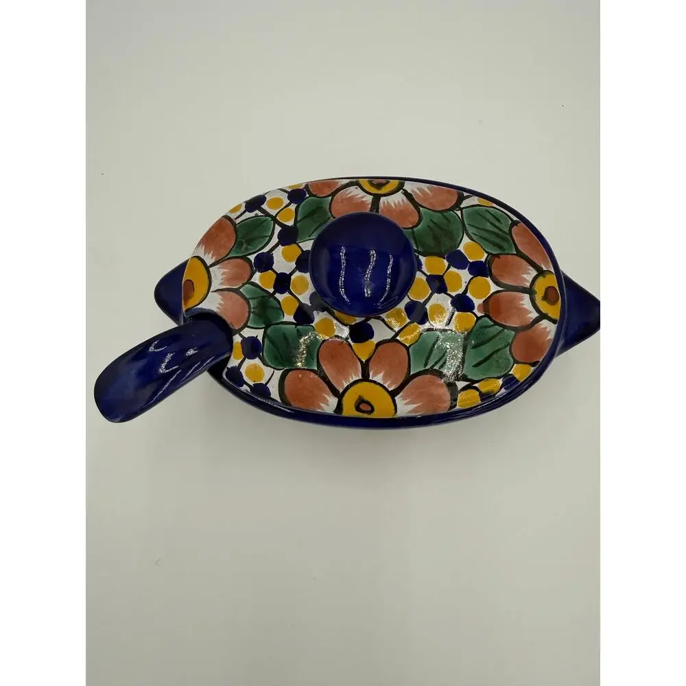 Talavera Mexican Folk Art Pottery Dish with Ladel